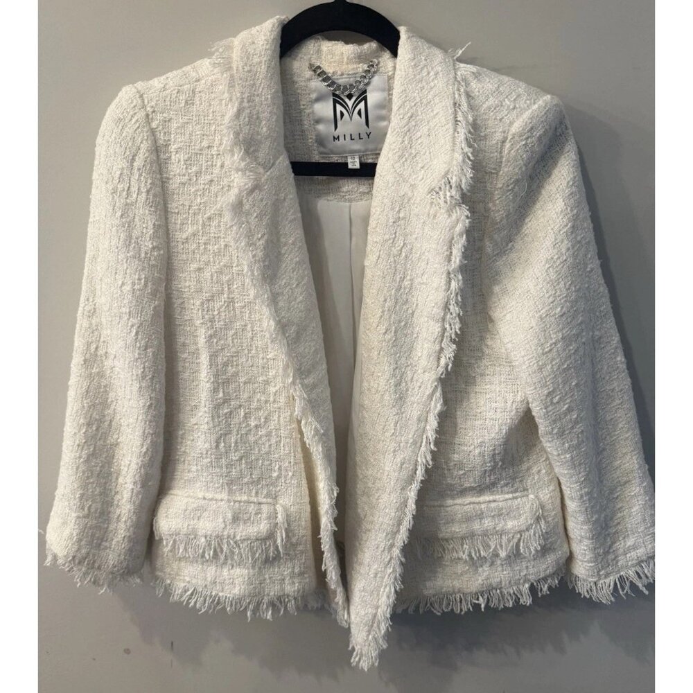 MILLY White Blazer Jacket Tread Fringe Women's Size 12 Excellent Used Condition